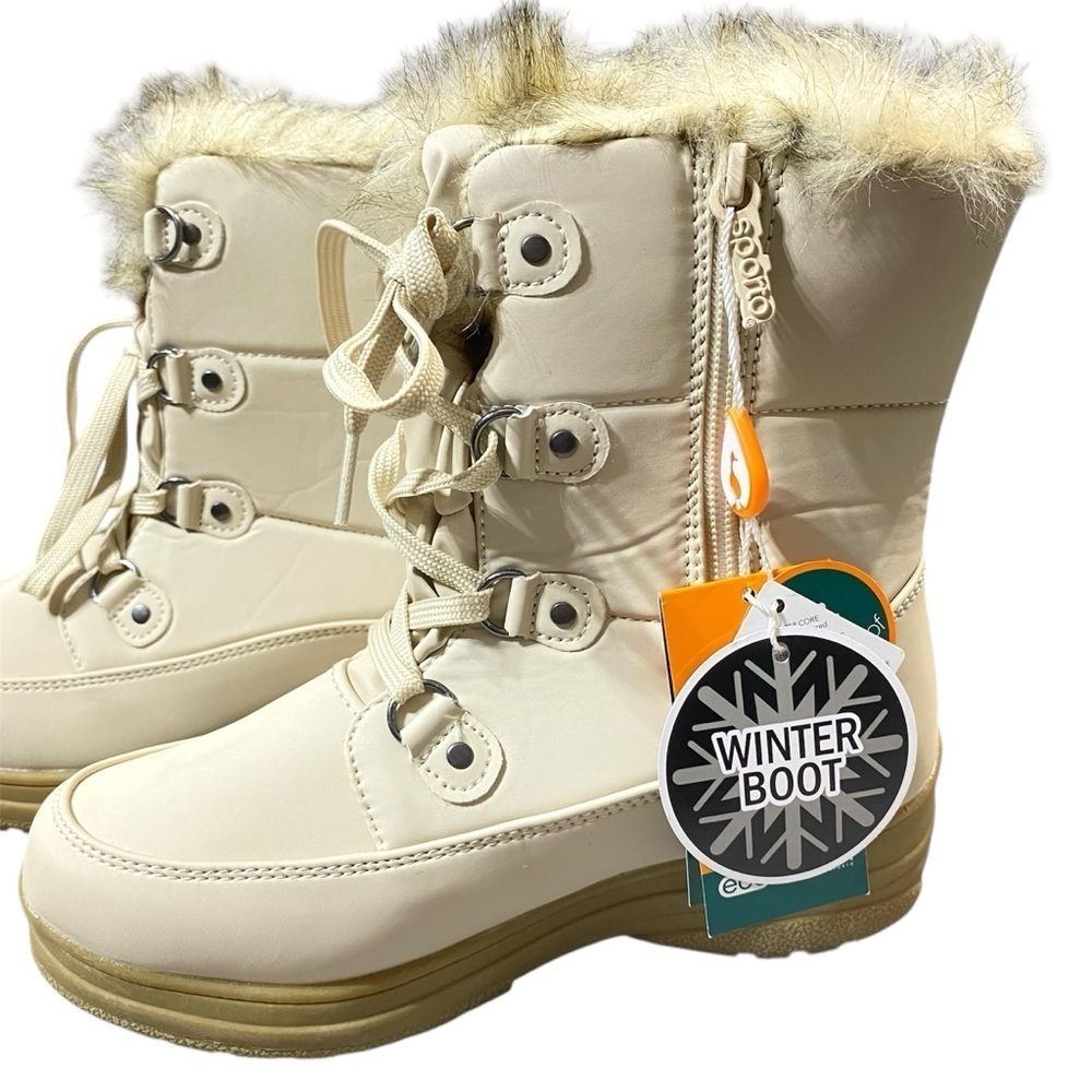 Sporto Boots Womens 6M Cream Winter Snow Boot Apres Side Zip Waterproof Faux Fur - Picture 2 of 13